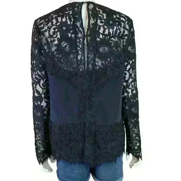 Intermix Black Lace Long Sleeve Blouse Women’s Size M Silk Navy Contrast Top - Picture 3 of 9